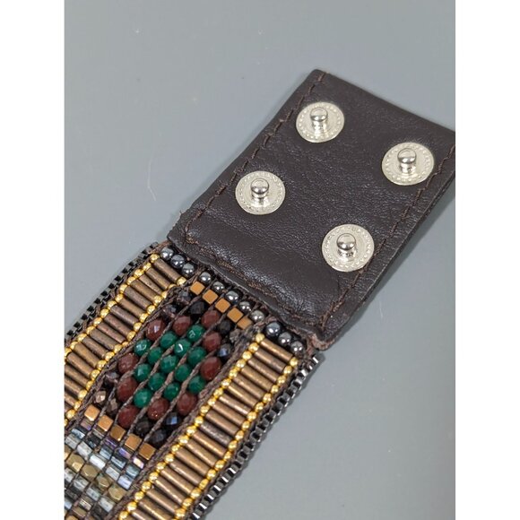 Nakamol Red Green Bead Brown Leather Snap Cuff Wide Bracelet 6.5" - Picture 6 of 9